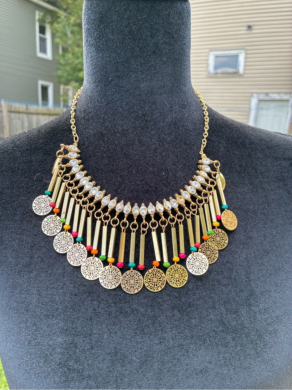 Gold-Tone Filigree Fringe Necklace with Multicolor Beads
